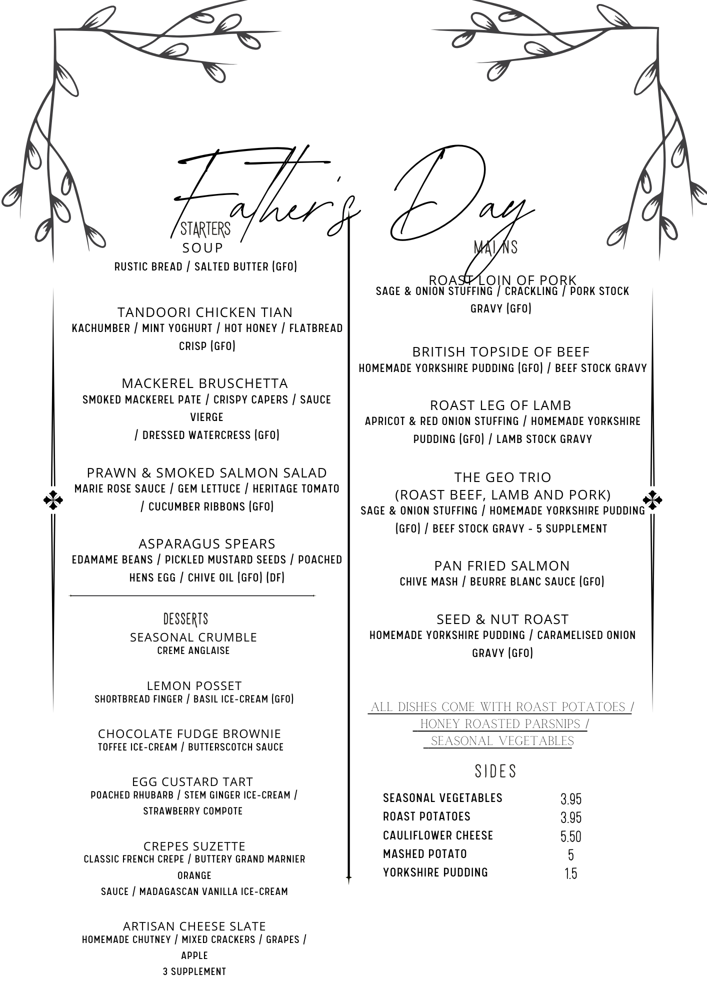 Father's Day menu 2025